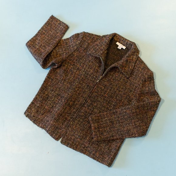 VINTAGE 90's DressBarn Wool Blend Tweed Knit Brown Textured Zip Front Jacket - Picture 1 of 4